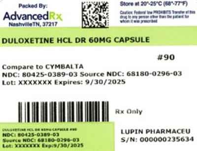 Duloxetine 60mg # 90 (Duloxetine HCl Dr 60mg 80425 0389 03)